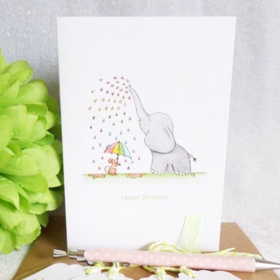 Rainbow Rain 'Ellie' Elephant Birthday Card - Personalised