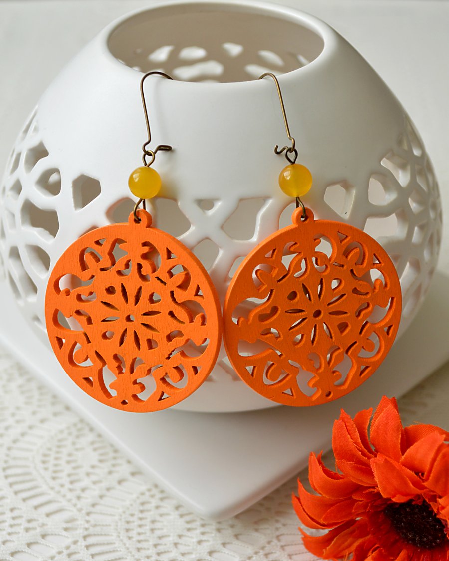 Statement Earrings with Orange Filigree Wooden Shapes