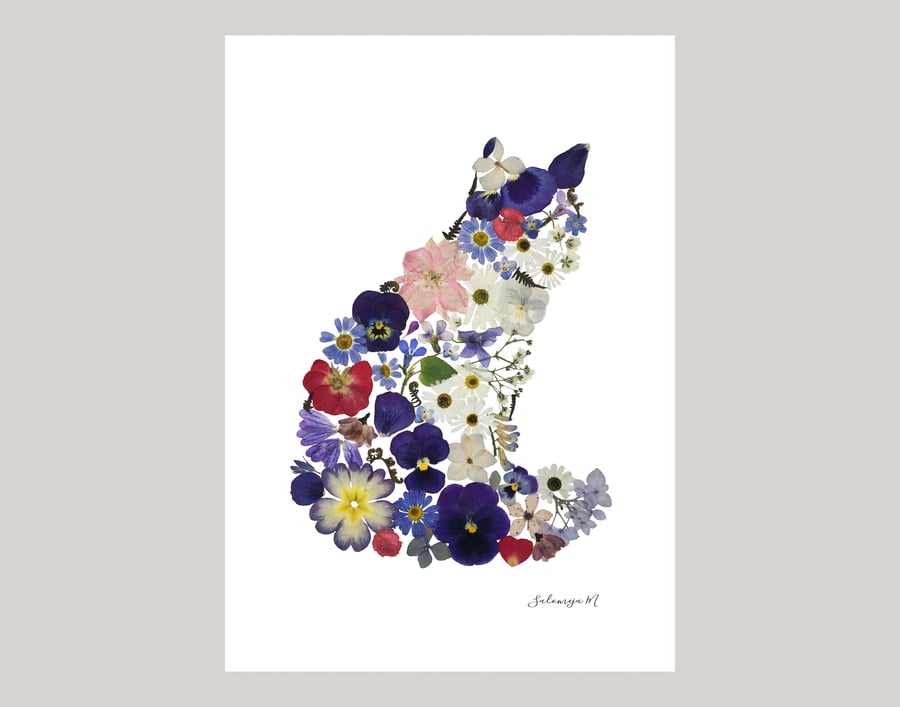 Pressed Flower Art print A4, GICLEE, Sitting Cat, Unframed