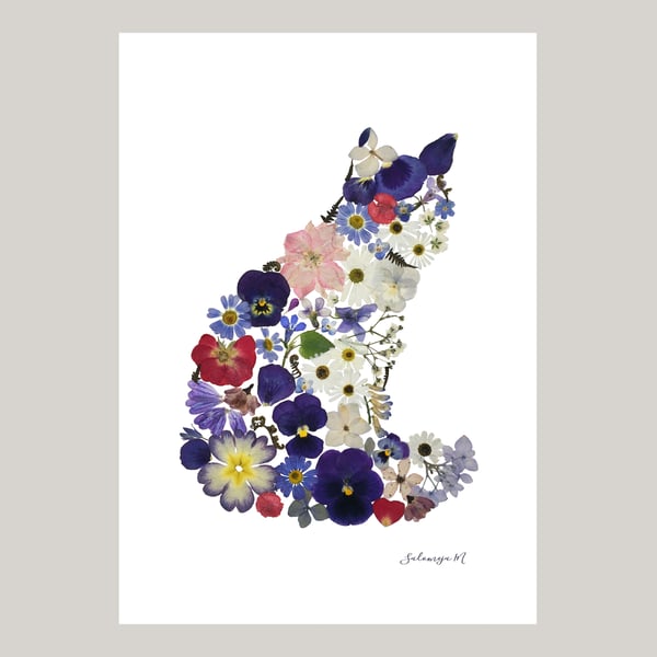 Pressed Flower Art print A4, GICLEE, Sitting Cat, Unframed