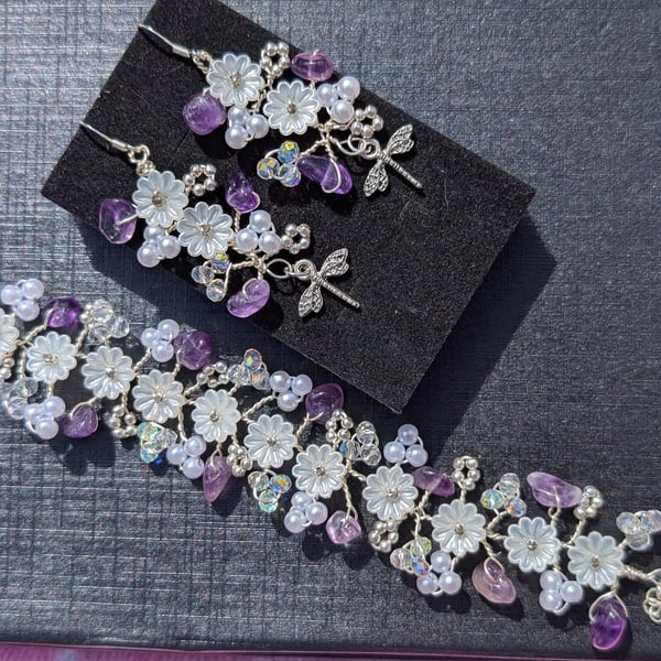 Entwine Violet Whispers – Amethyst Floral Jewelry Set - Handmade Bracelet & Earr