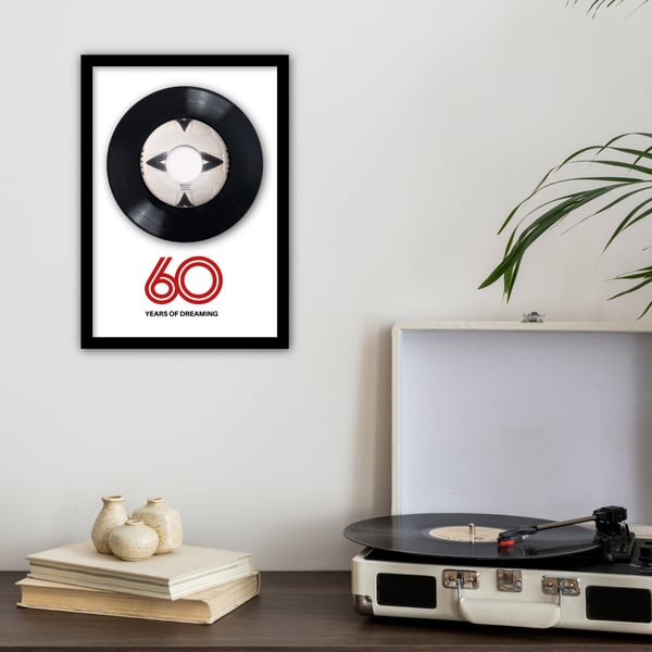 Original 'Three Lions' vinyl record, mounted in an A4 frame with '60' graphic