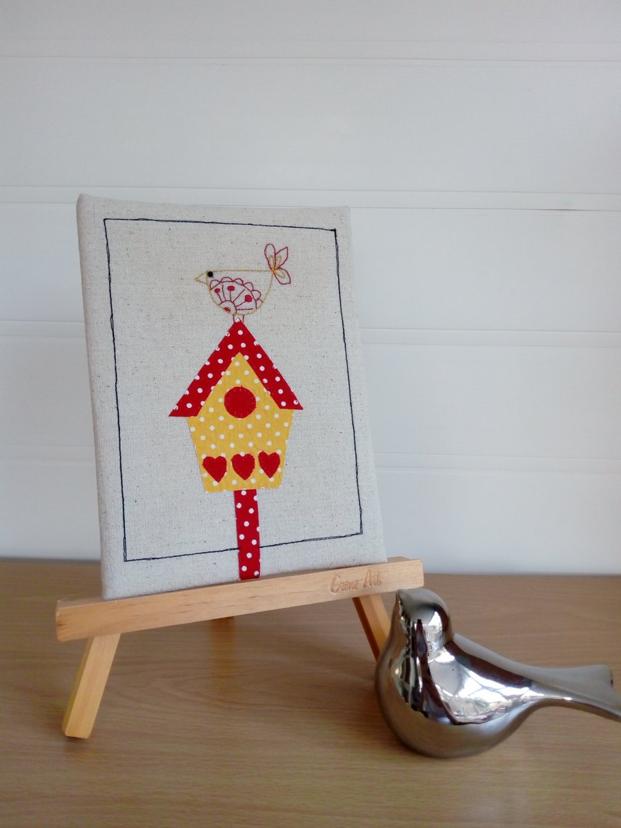 Birdhouse Textile Art Picture, Hand Embroidered Bird, Decorative Home Ware,