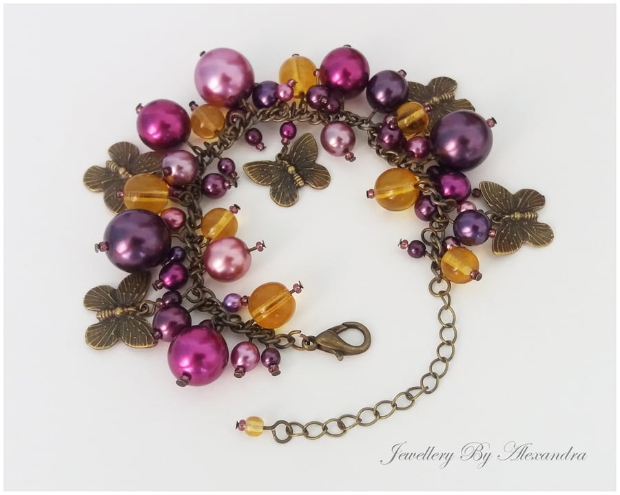 Cluster Bracelet-Purple and Yellow with Butterfly Charms