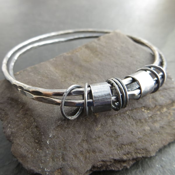 Double silver bangle set, Fidget bangle with spinner rings