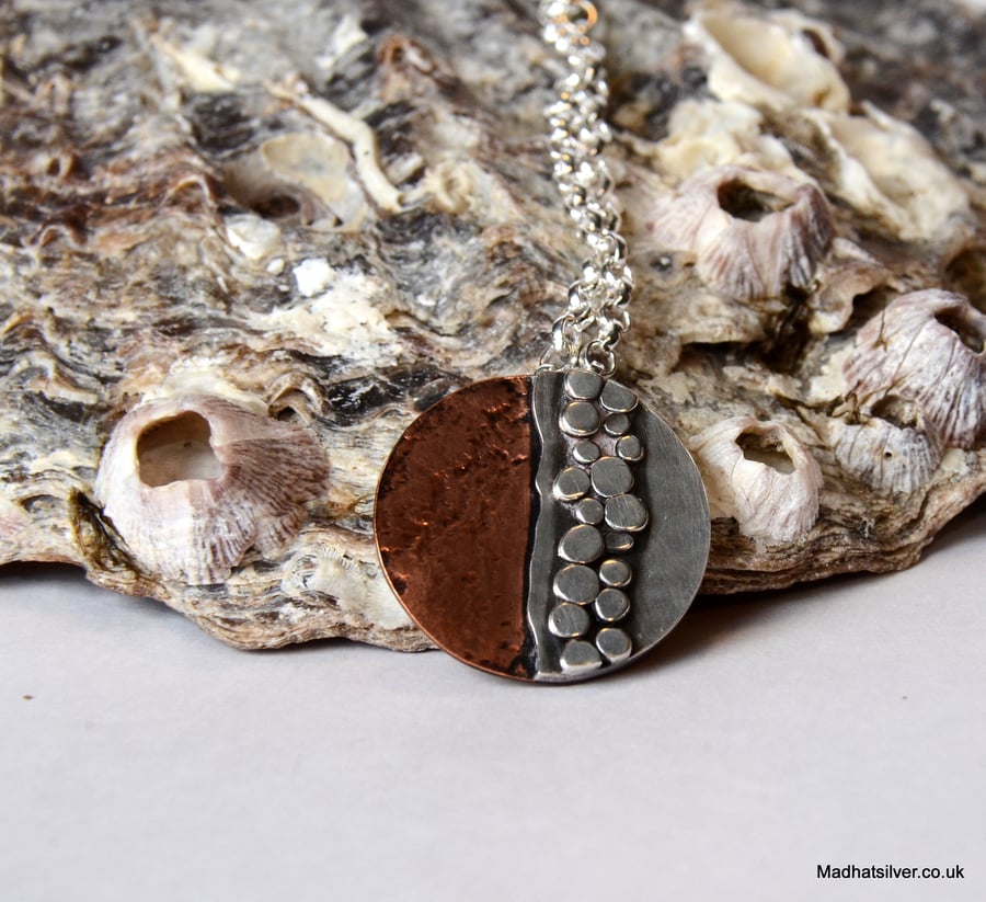 Silver and copper pebble pendant, beach jewellery, coastal jewellery