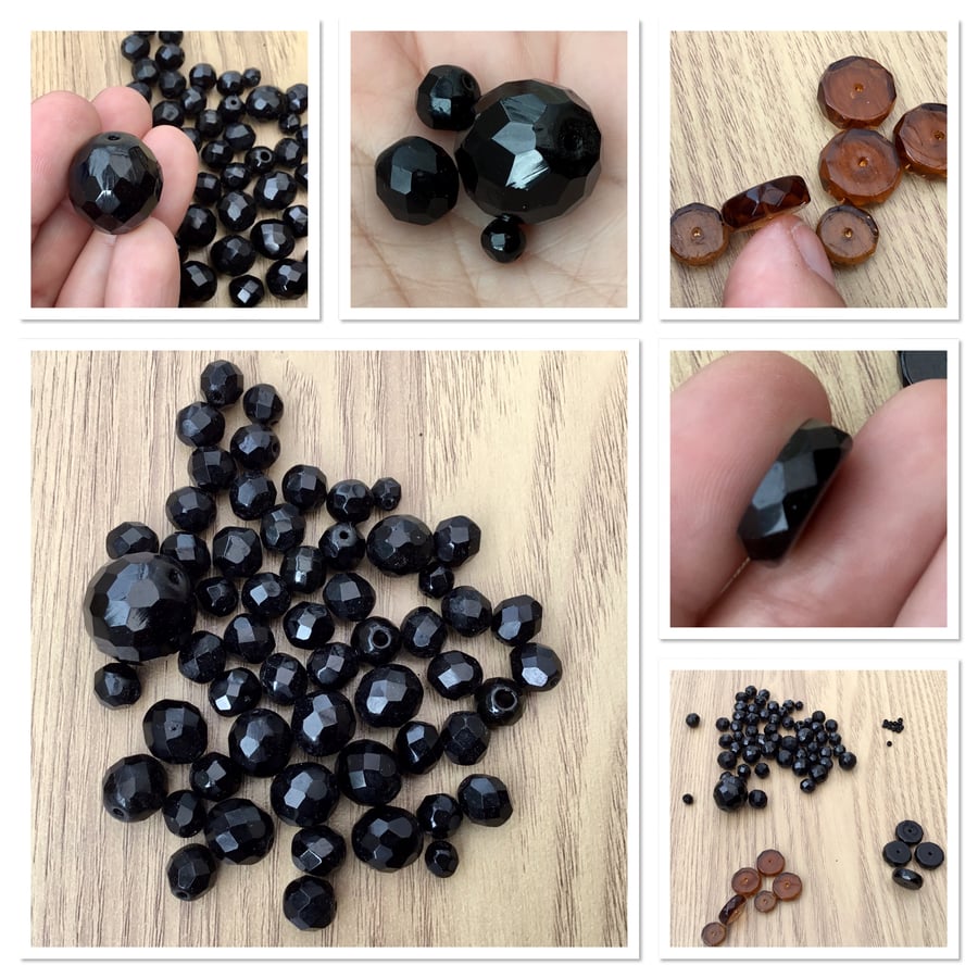 Large Quantity Mixed Facetted Black and Amber Glass Beads in Various Sizes.