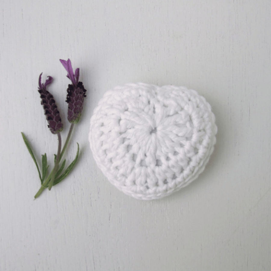 Crochet heart, white cotton heart, lavender heart