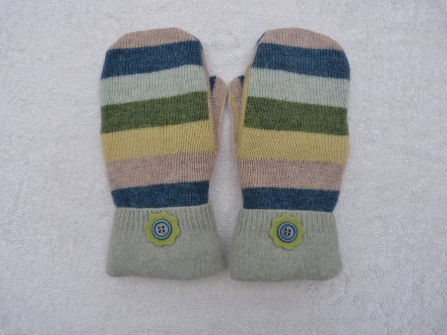 Mittens Created from Up-cycled Wool Jumpers. Fully Lined. Green Button