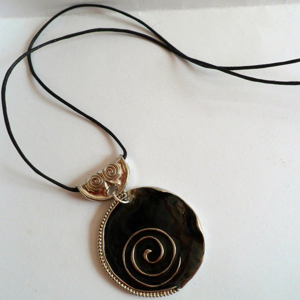Silver plated black enamelled pedant on black cord