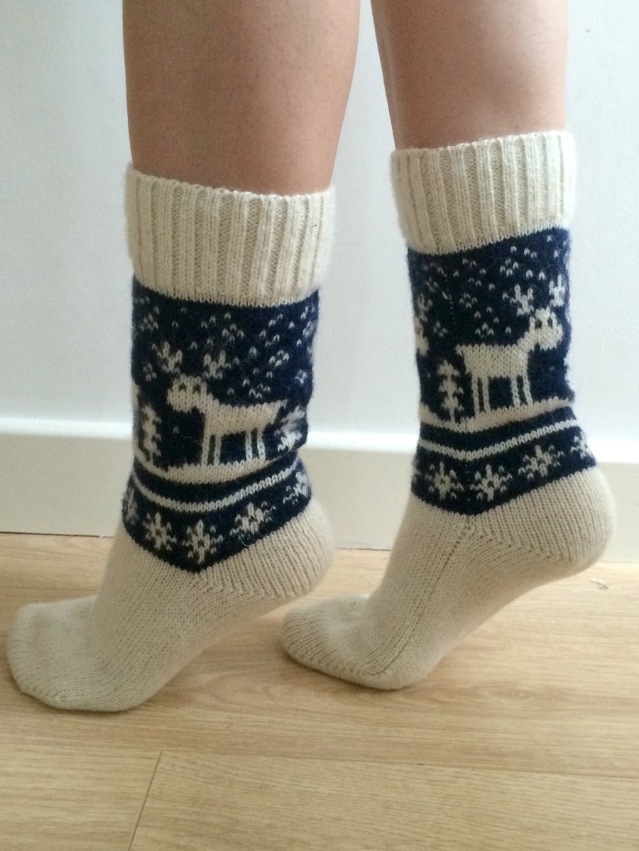READY TO SHIP White Wool Socks Navy Blue Reindeer Christmas Scandinavian