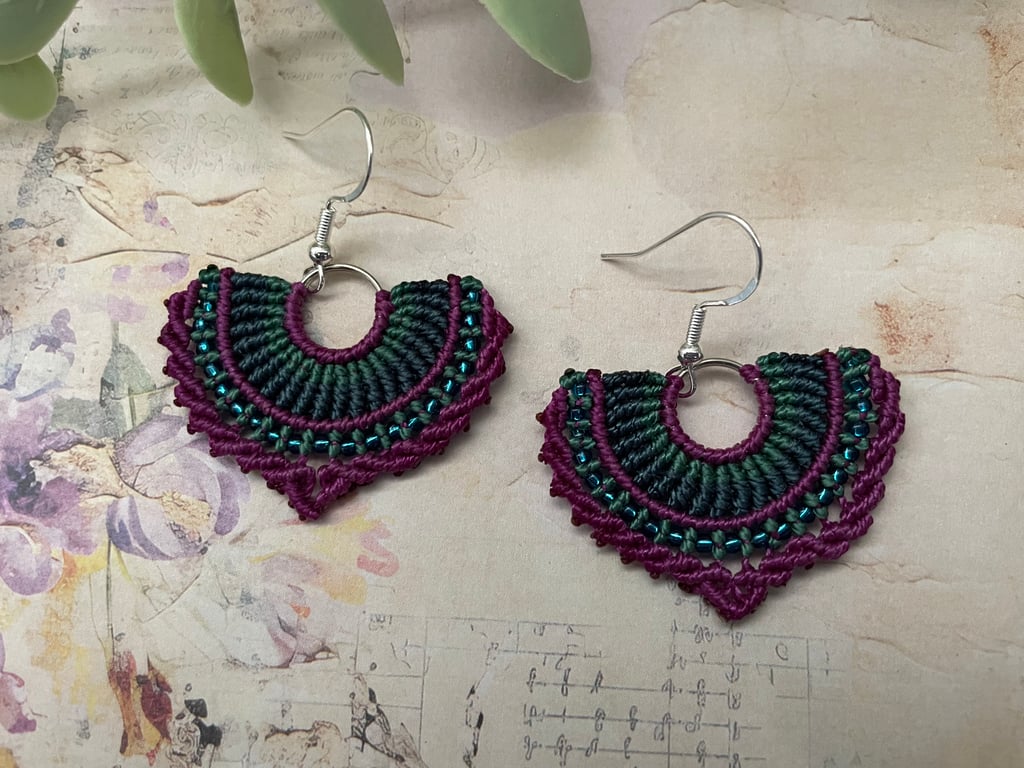 Earrings, Boho fan design micro macrame beaded earrings for pierced ears