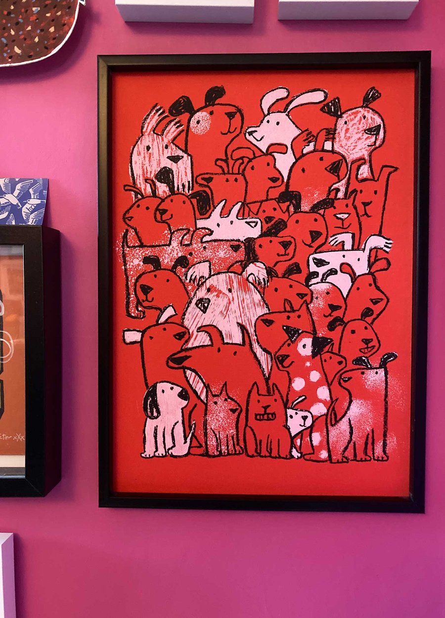 Red dog original screen print by Jo Brown, Happy Tomato
