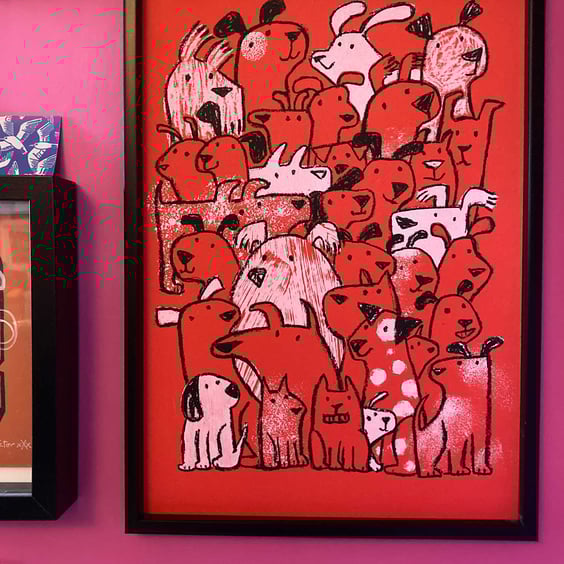 Red dog original screen print by Jo Brown, Happy Tomato