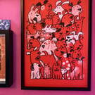 Red dog original screen print by Jo Brown, Happy Tomato