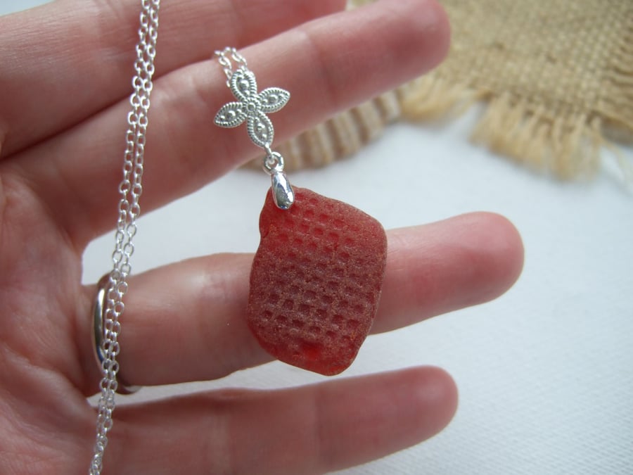 Scottish Rare Red Sea Glass, Patterned Red Beach Glass Large, Sterling