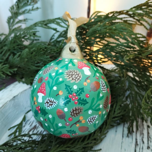 Hand Painted Green Woodland Christmas Bauble 