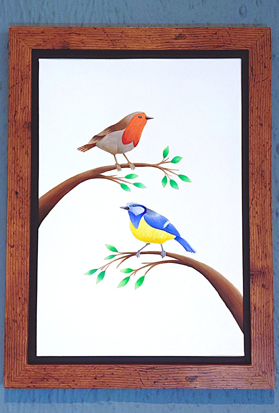 Made in UK Framed A3 Print Colourful Bluetit Red Robin Black Border Wallart