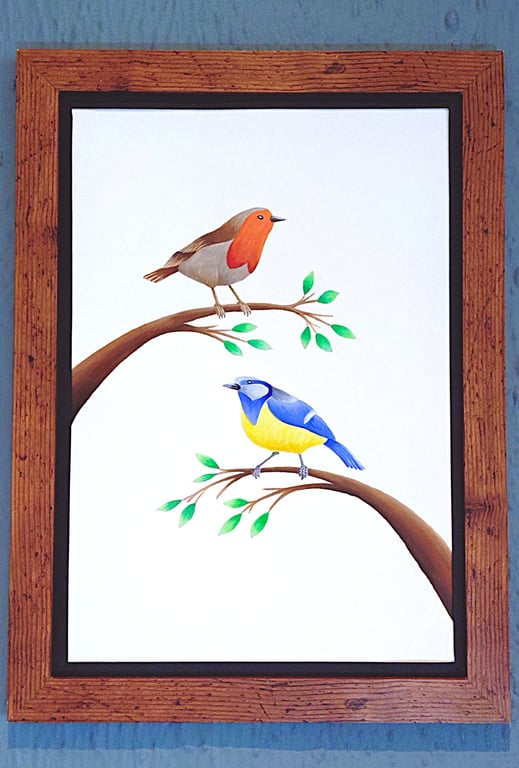 Made in UK Framed A3 Print Colourful Bluetit Red Robin Black Border Wallart