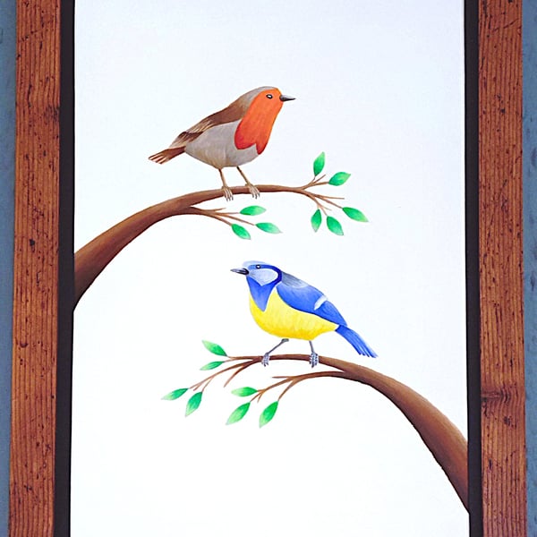 Made in UK Framed A3 Print Colourful Bluetit Red Robin Black Border Wallart