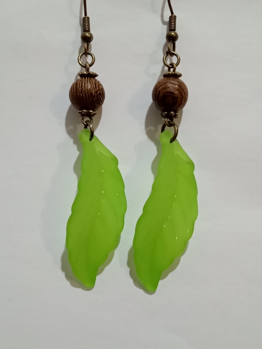 Green Leaves and Wooden Earrings in Antique Bronze - 5 closures to choose from
