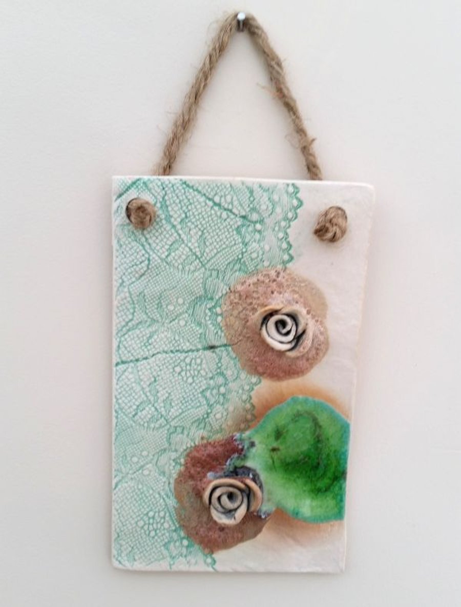 Green Lace & Roses Ceramic Wall Hanging