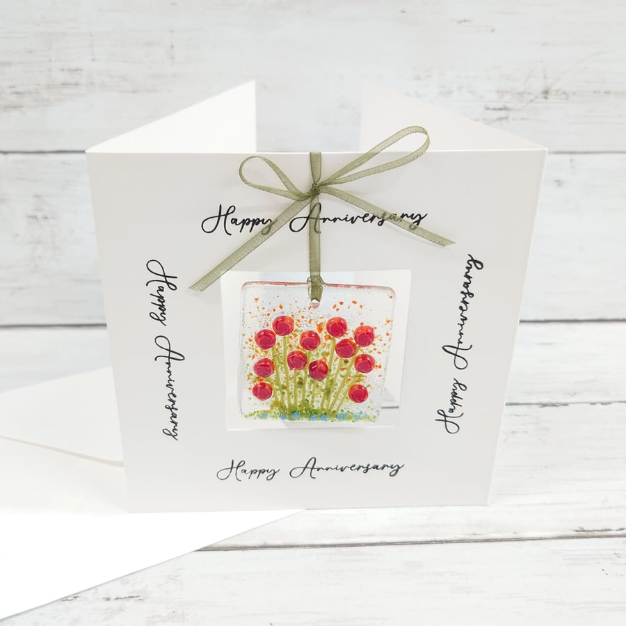 Happy Anniversary Card with Fused Glass Red Roses Keepsake