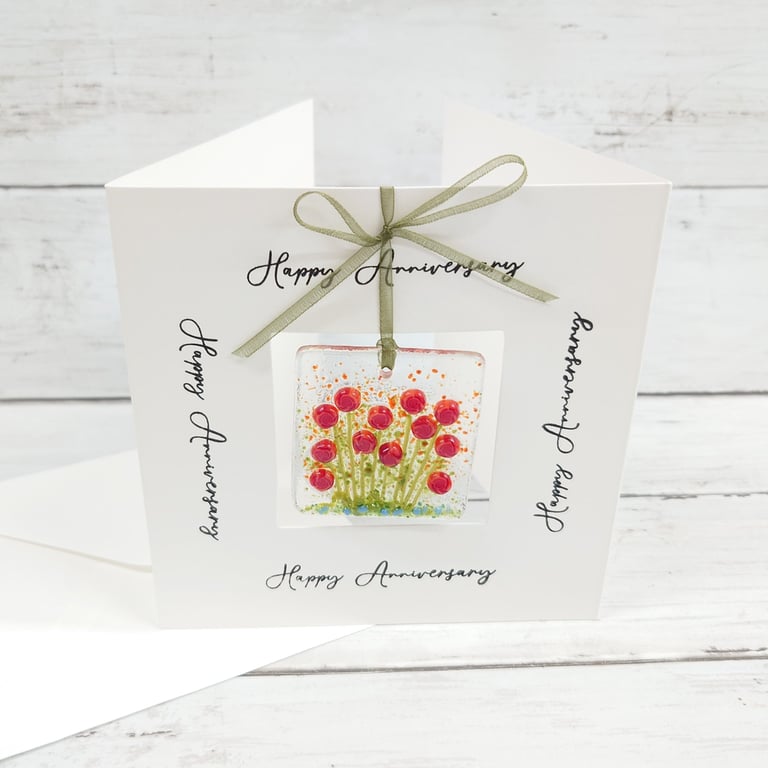 Happy Anniversary Card with Fused Glass Red Roses Keepsake