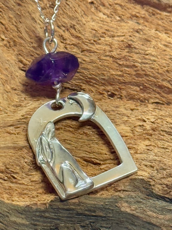 Recycled silver and amethyst gemstone moon gazing hare pendant necklace