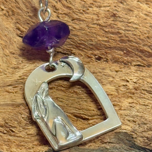 Recycled silver and amethyst gemstone moon gazing hare pendant necklace