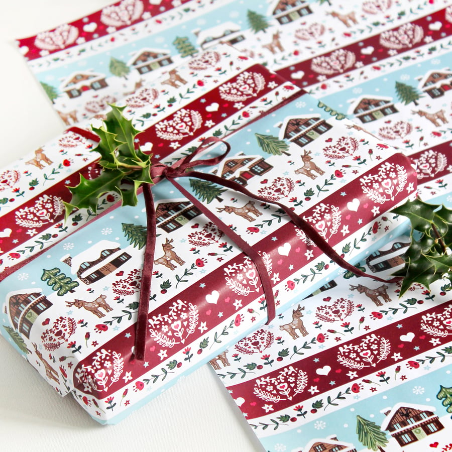 Christmas Gift Wrap Single Sheet - Christmas Lodges In the Snow