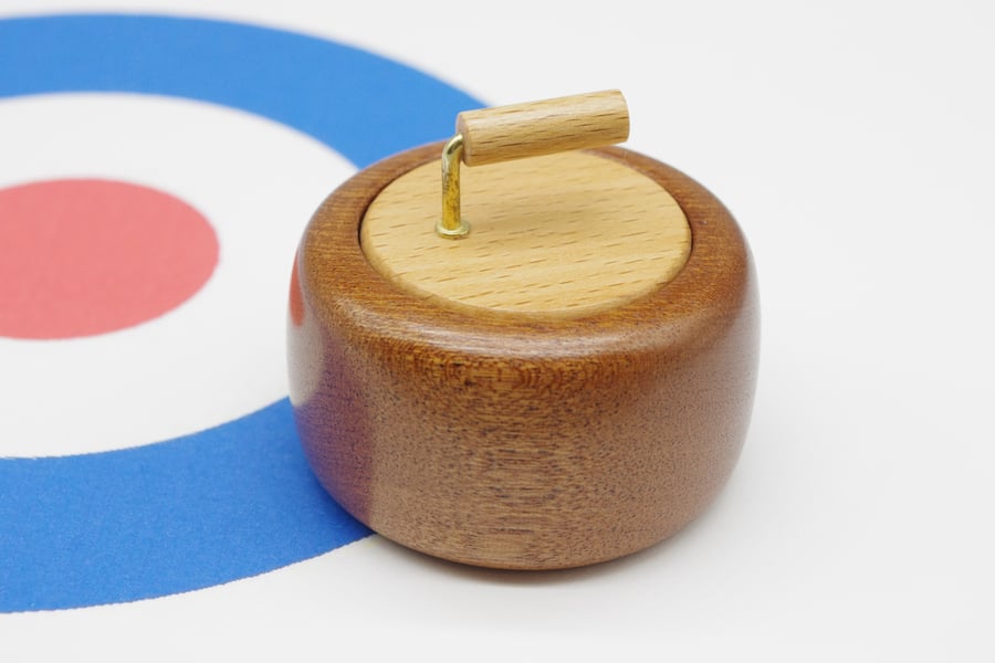 Wooden Ring Box. Handmade in the form of a miniature curling stone. 