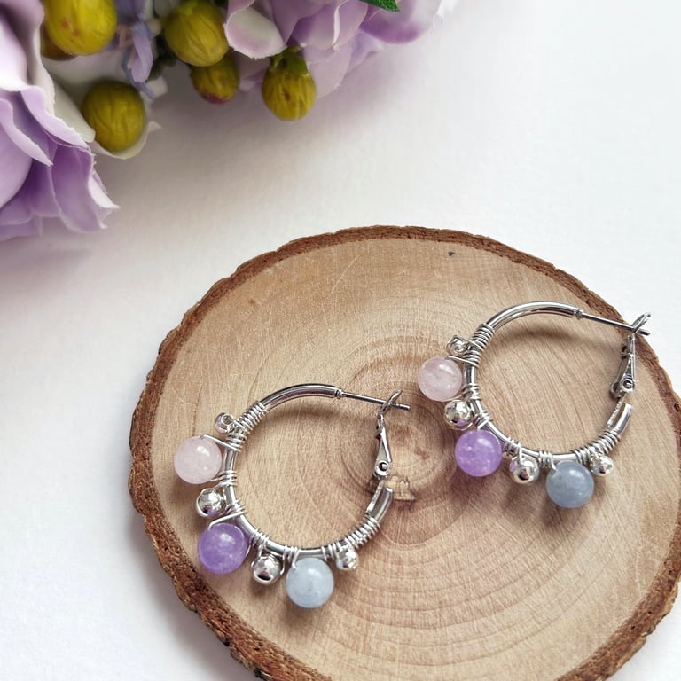 Rose Quartz, Amethyst and Aquamarine Wire Wrapped Beaded Hoop Earrings