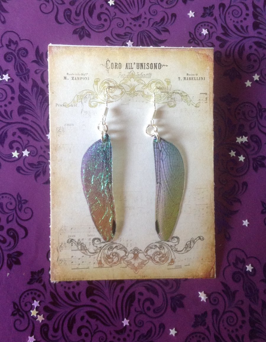 Faux Dragonfly Fairy Wing Sterling Silver Earrings - Bronzed Blue & Green