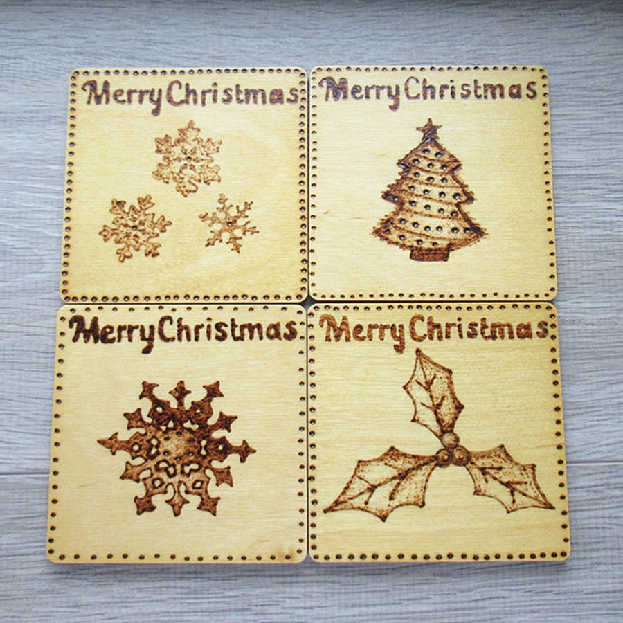Christmas coasters set of four designs - tree, holly & snowflakes