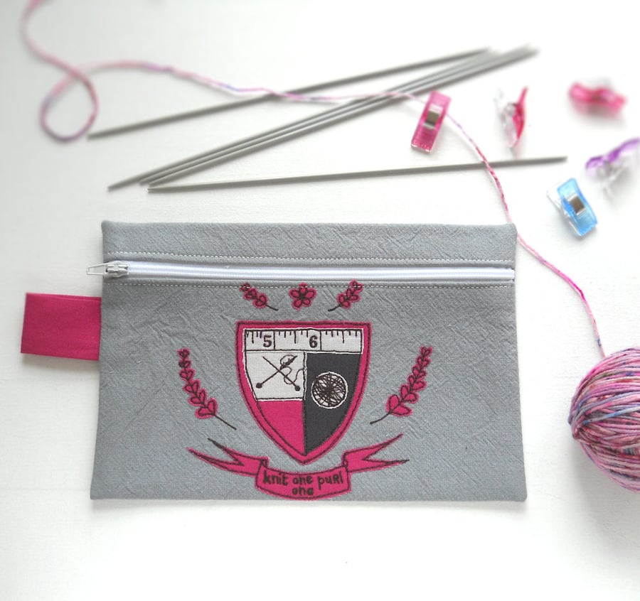 freehand embroidered pencil case for crafters - knitting