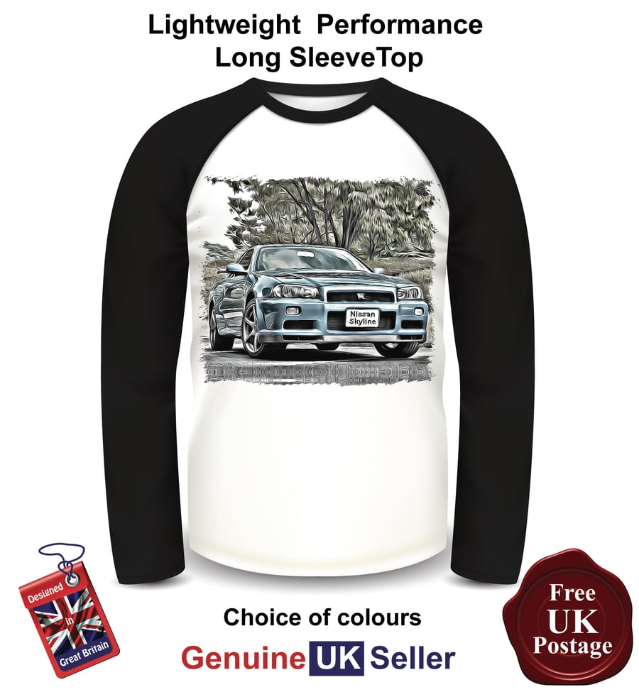 Nissan Skyline, Skyline Mens Top, Long Sleeve Blue Skyline T Shirt 