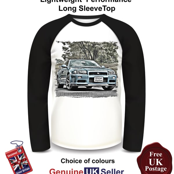 Nissan Skyline, Skyline Mens Top, Long Sleeve Blue Skyline T Shirt 