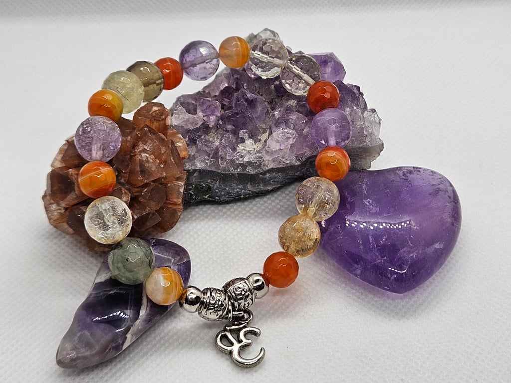Multi-gemstone muti-coloured stretch bracelet with silver ohm charm