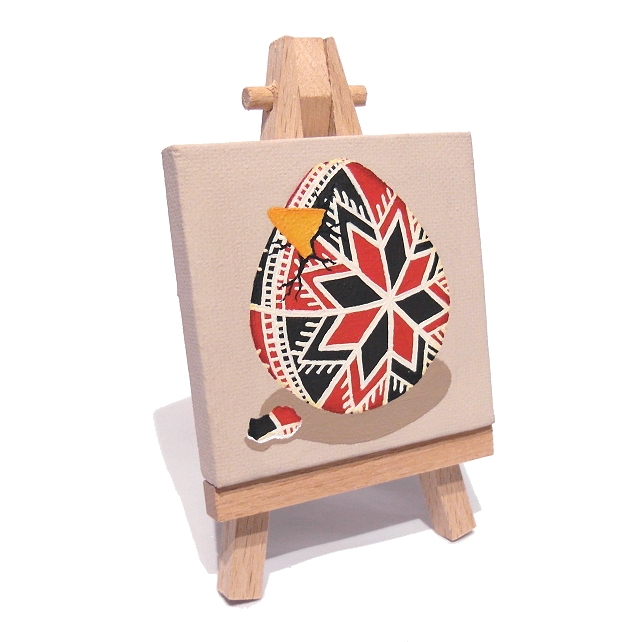 Egg Painting - acrylic miniature art of a hatching red and black pysanka egg