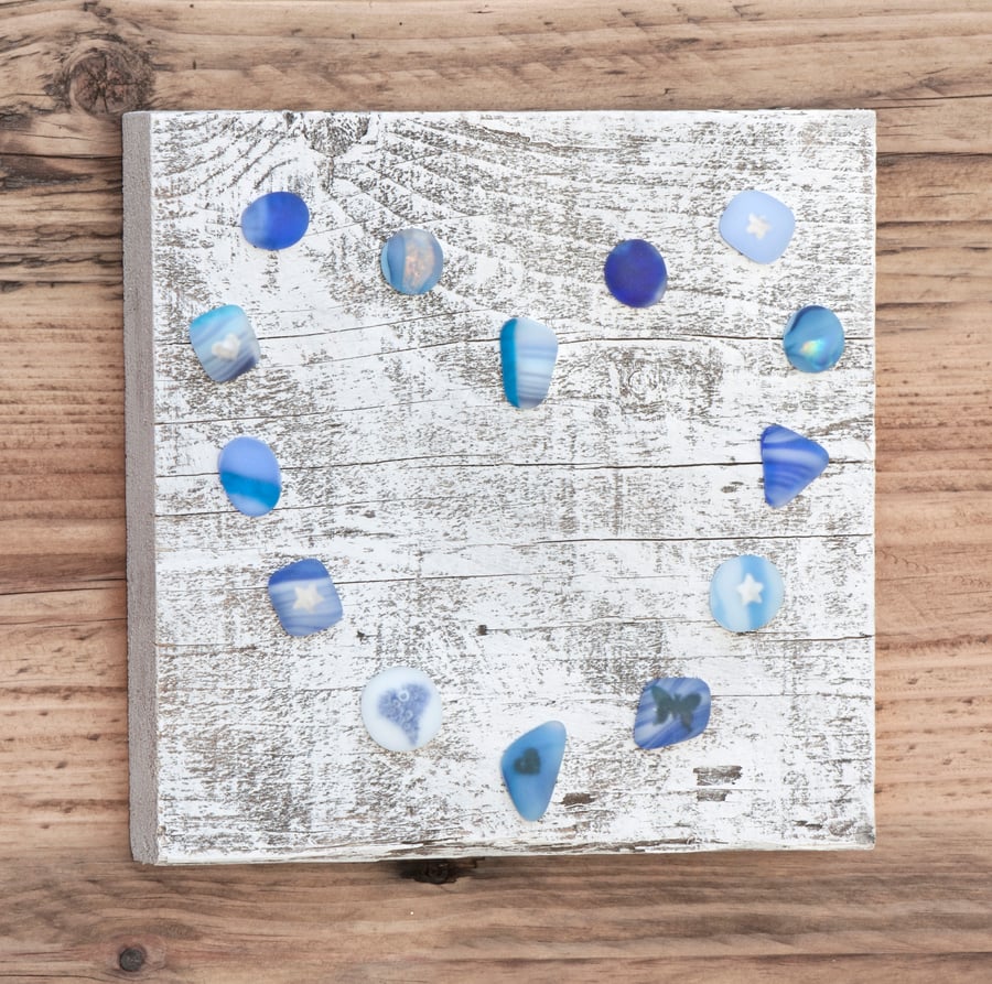 Sea Glass Effect Heart Picture on Reclaimed Wood - Blue & Turquoise