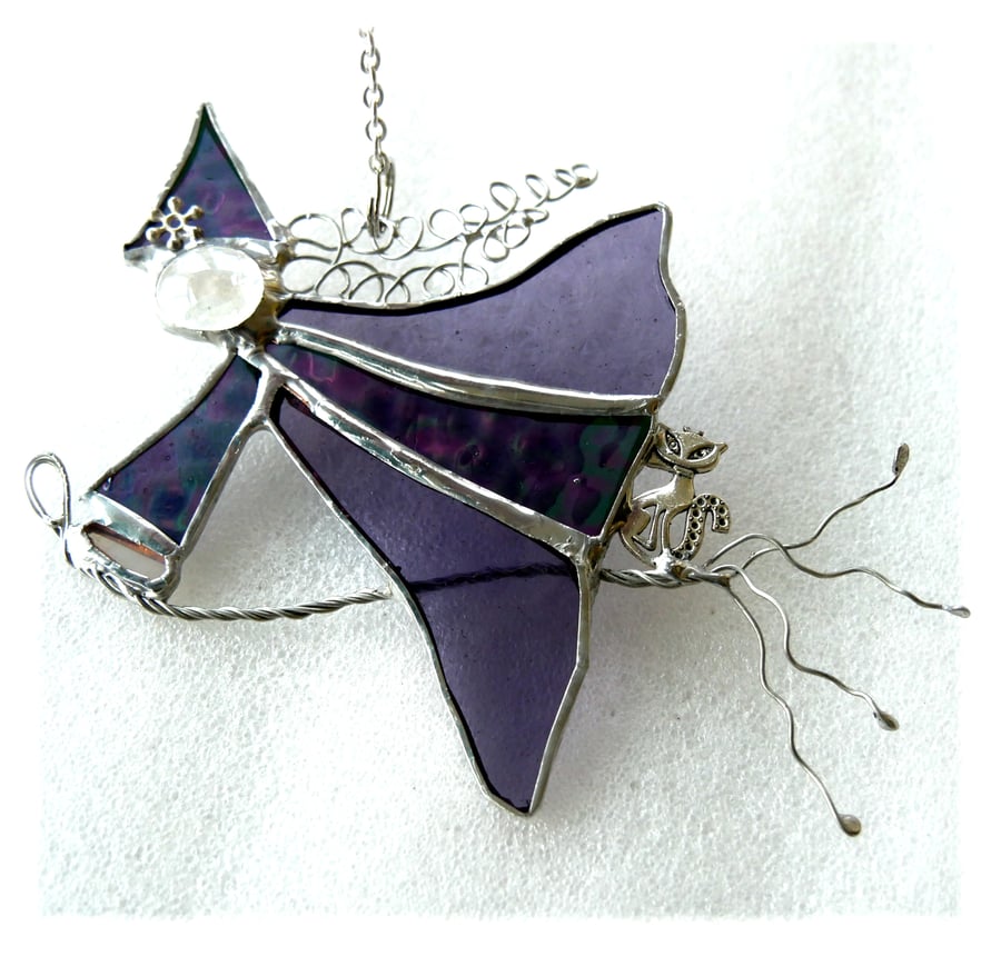 Purple Witch on Broomstick Suncatcher Stained Glass 095