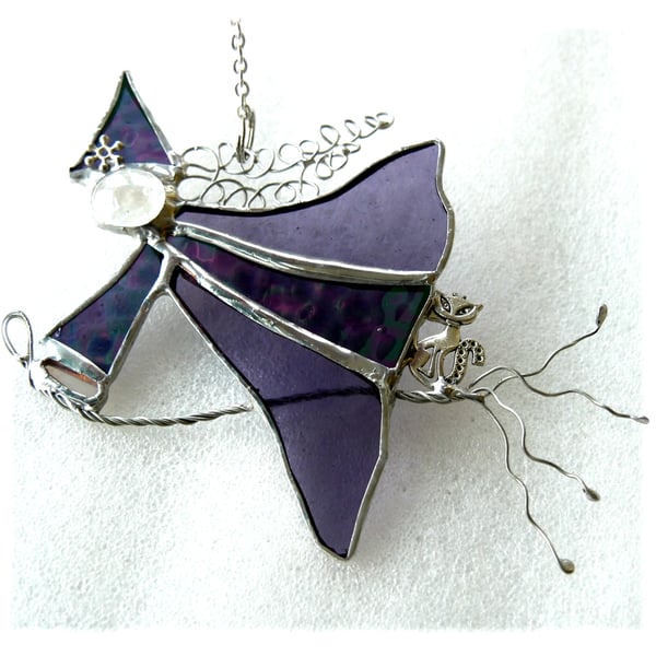 Purple Witch on Broomstick Suncatcher Stained Glass 095
