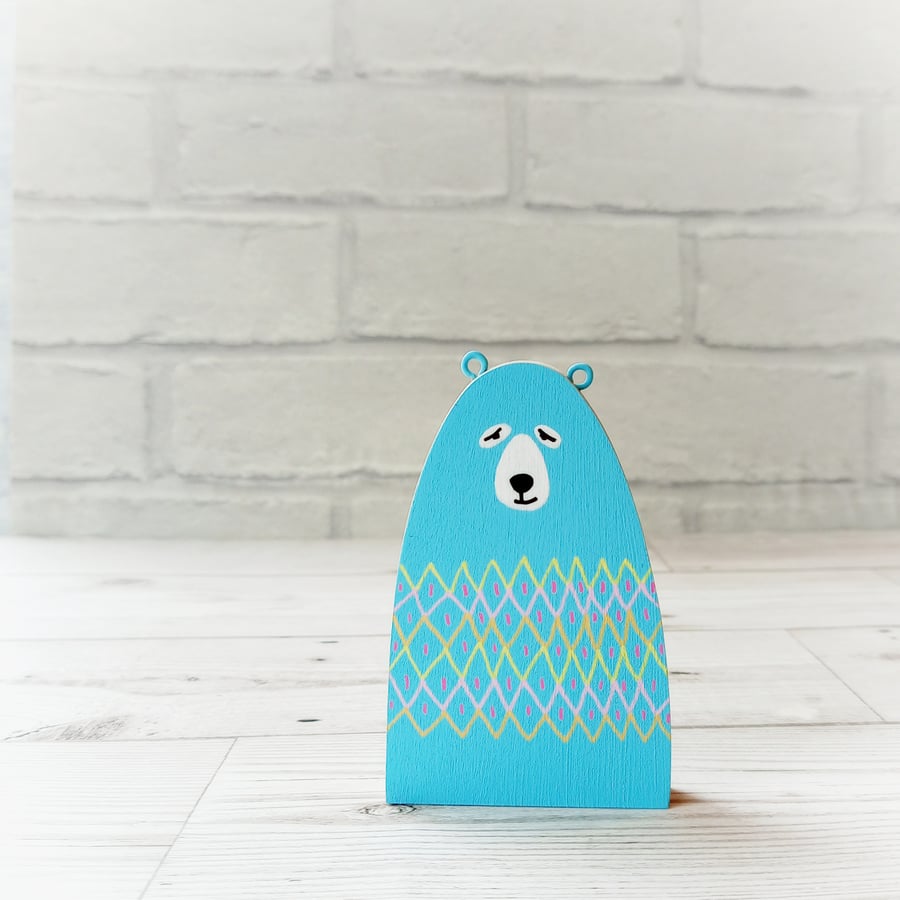 Folky Turquoise Bear, Handmade Wooden Bear