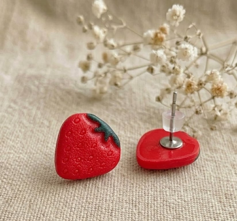 Cute Strawberry Earrings, Small Fruit Studs