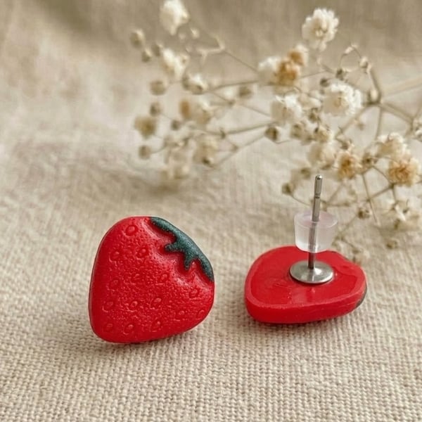 Cute Strawberry Earrings, Small Fruit Studs