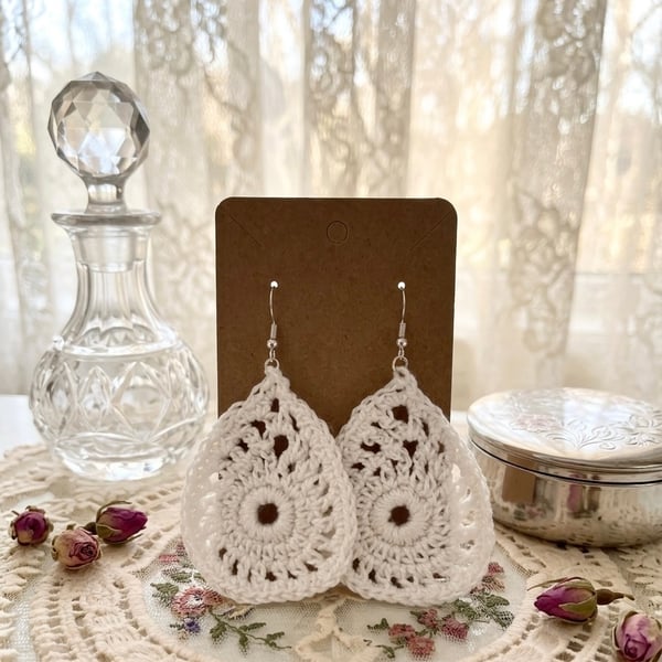 Crochet White Teardrop Earrings Festival 