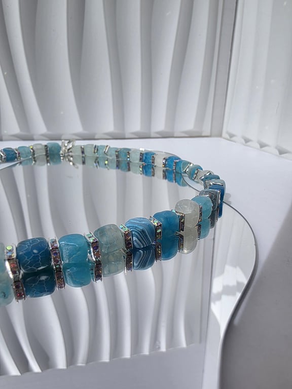 Frosted Agate Chunky Necklace Cube Beaded Necklace Statement Jewellery Handmade 