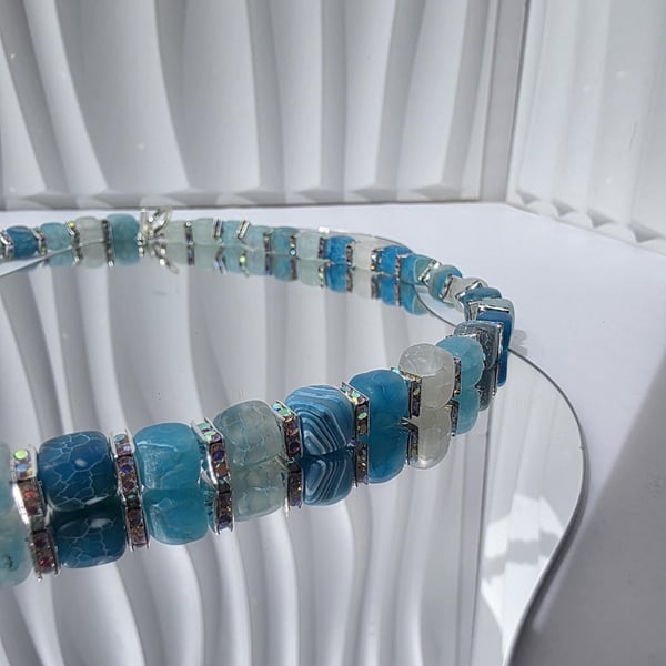 Frosted Agate Chunky Necklace Cube Beaded Necklace Statement Jewellery Handmade 