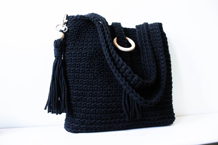 Black Cotton Rope Tote Bag